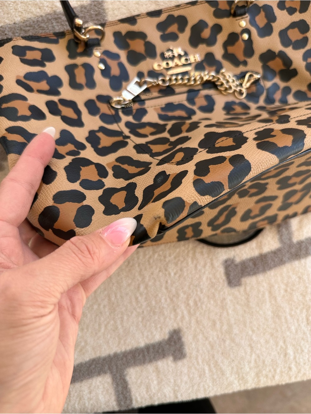 Coach Leopard-Print Tote in Brown and Black with Gold Chain Accent - Picture 8 of 14